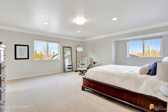 carpeted bedroom with crown molding, baseboards, multiple windows, and recessed lighting