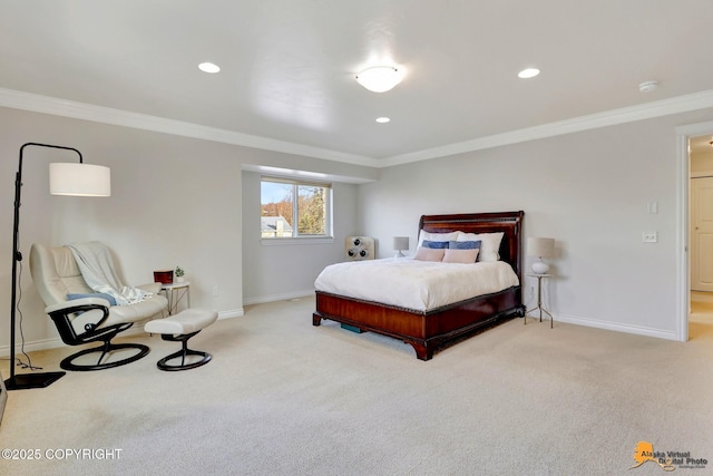 bedroom featuring carpet floors, ornamental molding, baseboards, and recessed lighting
