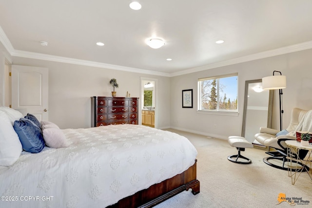 carpeted bedroom with crown molding, recessed lighting, and baseboards