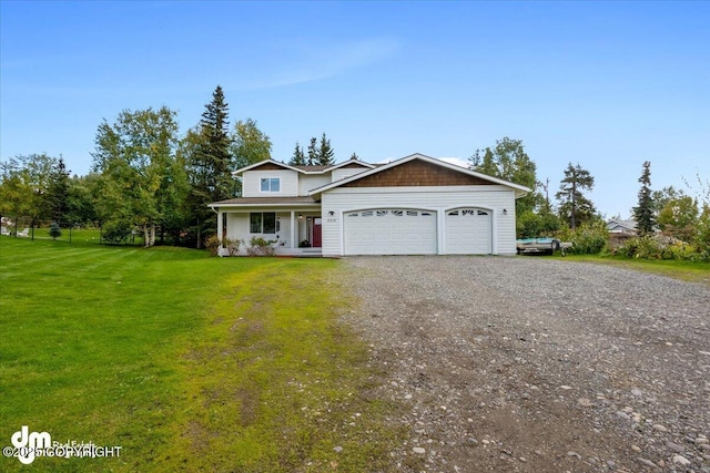 view of front facade featuring covered porch, an attached garage, gravel driveway, and a front lawn