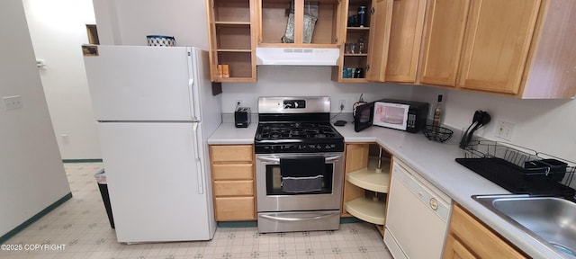 kitchen with white appliances, exhaust hood, light floors, and open shelves