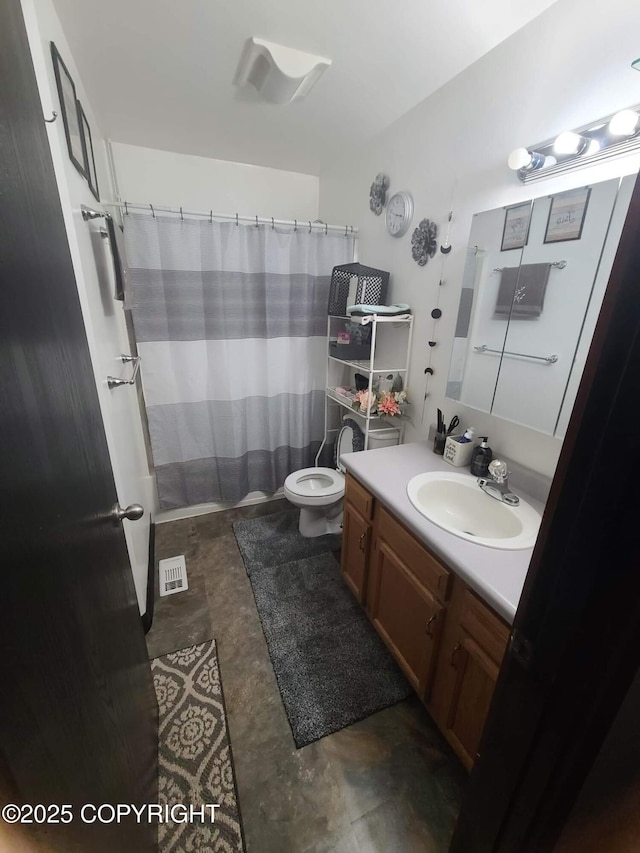 bathroom with a shower with curtain, visible vents, vanity, concrete floors, and toilet