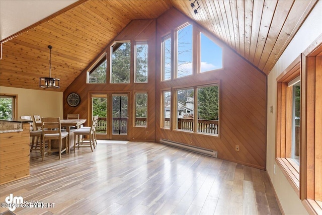 337 Alta Dr, Girdwood, AK 99587 - living room featuring wooden ceiling, baseboard heating, wood walls, and high vaulted ceiling