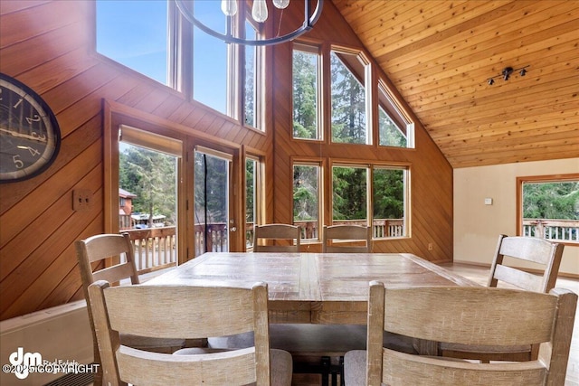 337 Alta Dr, Girdwood, AK 99587 - dining area featuring high vaulted ceiling, wood walls, wooden ceiling, and baseboards