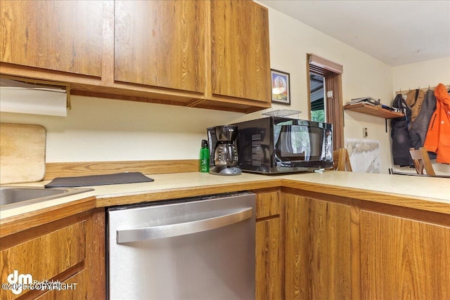 337 Alta Dr, Girdwood, AK 99587 - kitchen featuring light countertops, open shelves, dishwasher, and brown cabinets