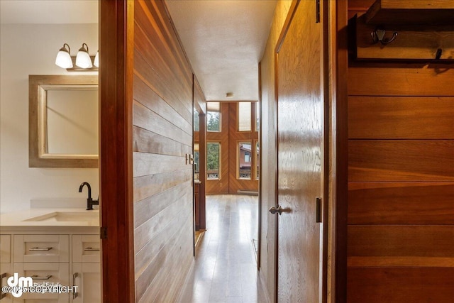 337 Alta Dr, Girdwood, AK 99587 - corridor featuring a sink and wooden walls
