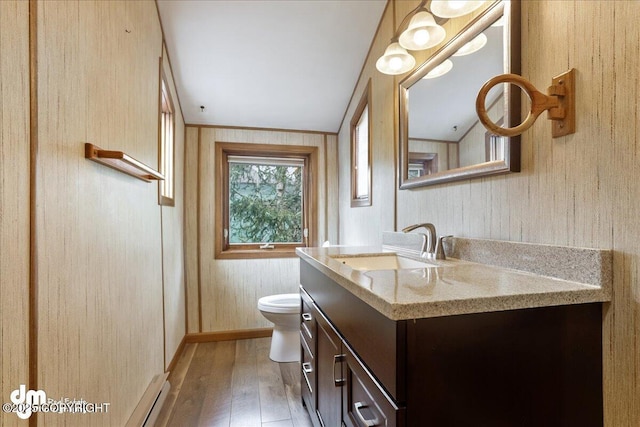 337 Alta Dr, Girdwood, AK 99587 - half bathroom featuring vanity, toilet, wood walls, and hardwood / wood-style floors