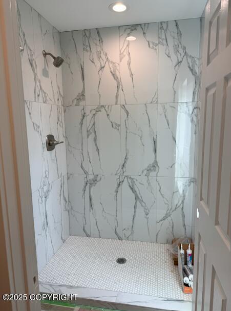 7380 S Brimstone Dr, Wasilla, AK 99623 - full bathroom featuring a marble finish shower and recessed lighting
