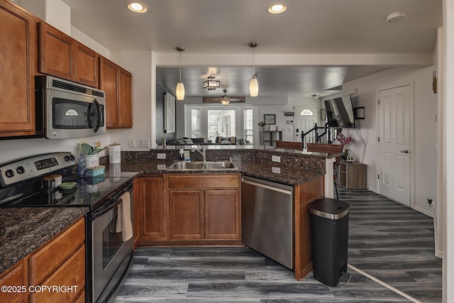kitchen with a peninsula, stainless steel appliances, dark wood-style floors, and a sink
