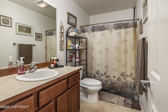 full bathroom with toilet, a shower with shower curtain, tile patterned flooring, and vanity