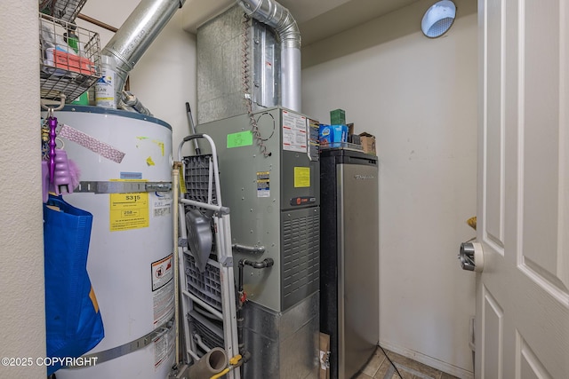 utility room featuring water heater and heating unit