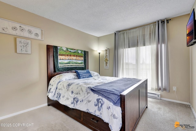 bedroom featuring baseboards, a textured ceiling, light colored carpet, and baseboard heating