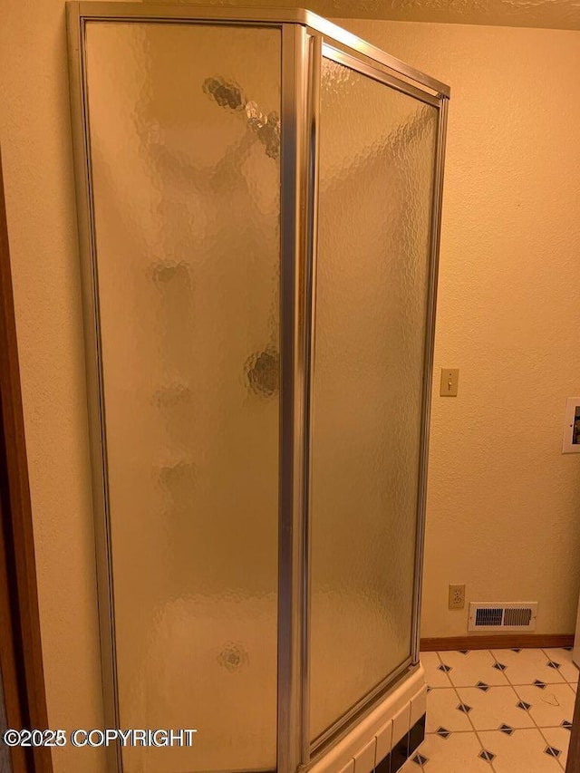 5875 E Alder Cir, Wasilla, AK 99654 - full bath with baseboards, tile patterned floors, visible vents, and a shower stall