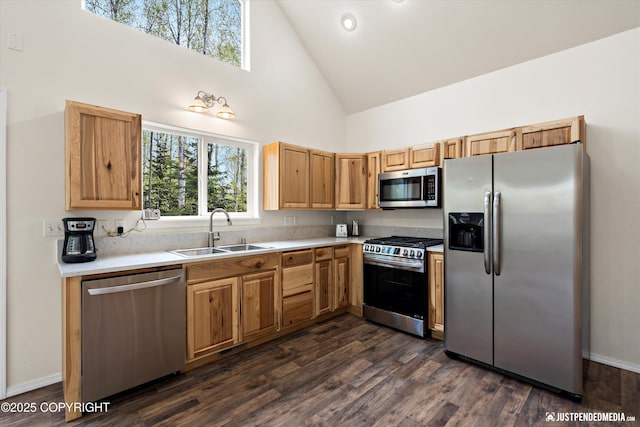kitchen featuring light countertops, appliances with stainless steel finishes, a sink, and high vaulted ceiling