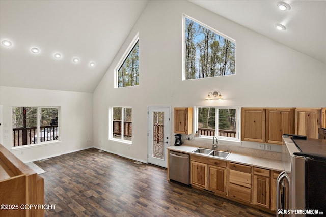 kitchen with a wealth of natural light, high vaulted ceiling, a sink, and dishwasher