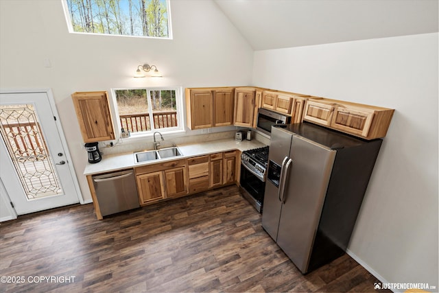 kitchen featuring high vaulted ceiling, a sink, stainless steel appliances, dark wood-type flooring, and light countertops