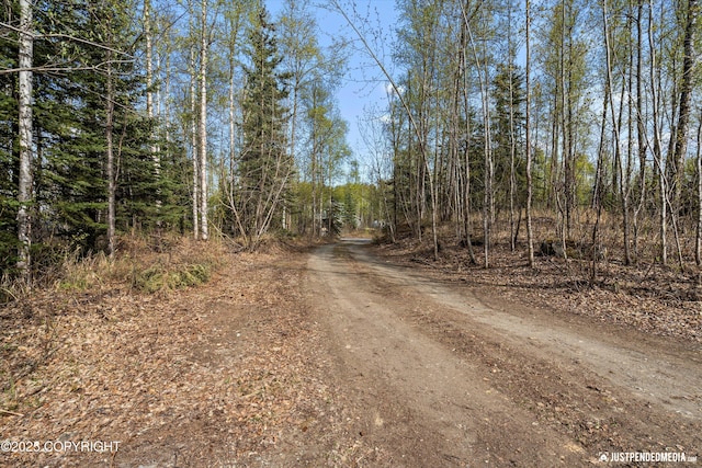 view of street featuring a wooded view