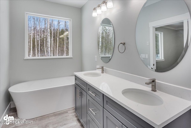 full bath with double vanity, a freestanding bath, a sink, and wood finished floors