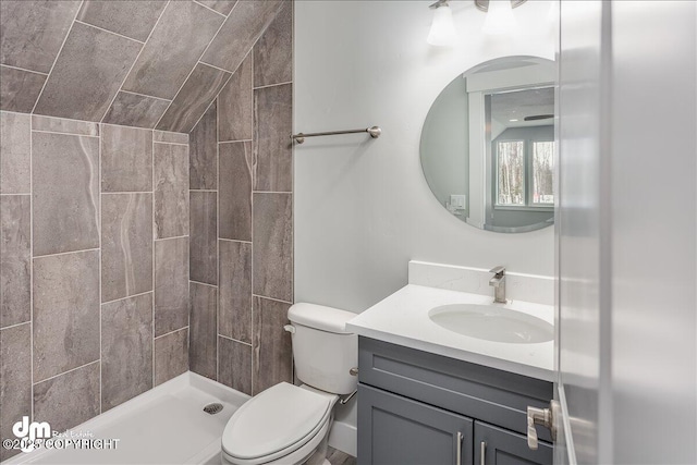bathroom featuring vanity, a stall shower, and toilet