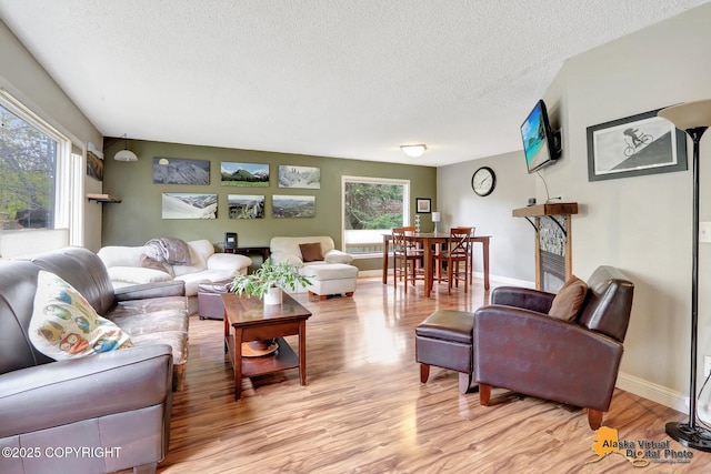 living room featuring healthy amount of natural light, light wood-type flooring, a textured ceiling, and baseboards