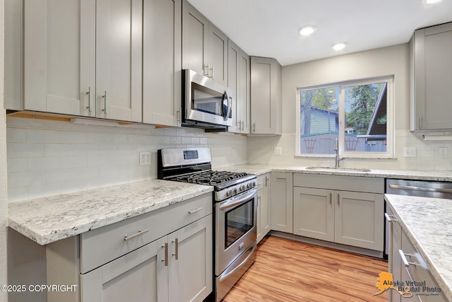 kitchen with appliances with stainless steel finishes, a sink, gray cabinets, backsplash, and recessed lighting