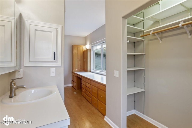 bathroom with wood finished floors, vanity, baseboards, and a spacious closet