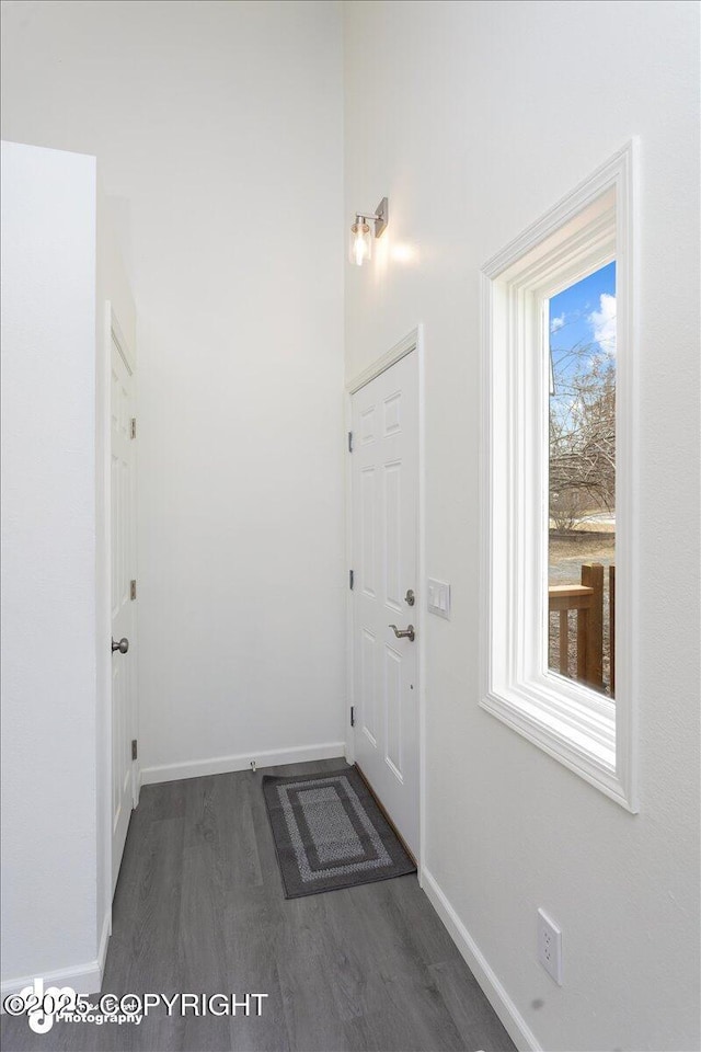 entryway featuring baseboards and dark wood-style floors