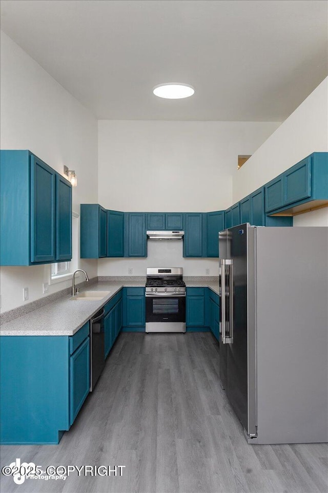 kitchen with under cabinet range hood, appliances with stainless steel finishes, a sink, and light wood-style floors