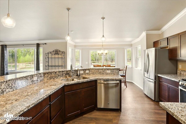 kitchen featuring stainless steel appliances, a sink, a chandelier, dark wood-style flooring, and ornamental molding