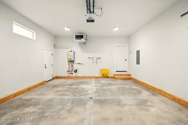 garage with water heater, baseboards, a garage door opener, and electric panel