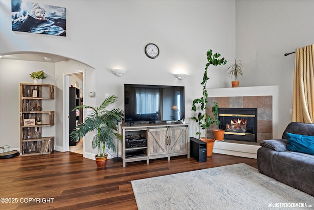 6801 E Tudor Rd, Anchorage, AK 99507 - living area with baseboards, a towering ceiling, wood finished floors, and a fireplace
