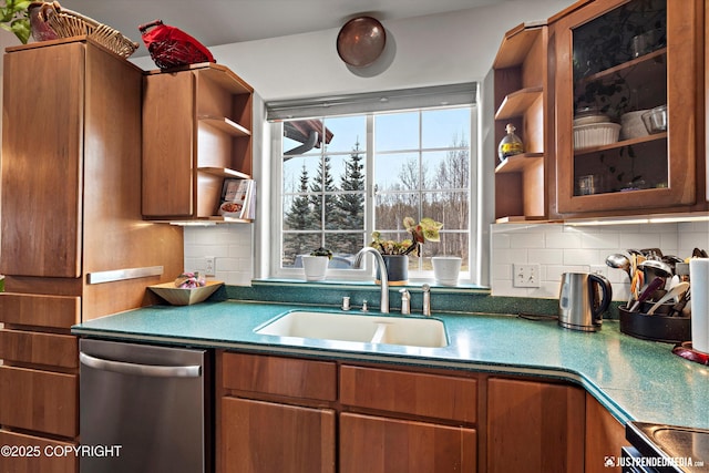 6801 E Tudor Rd, Anchorage, AK 99507 - kitchen with open shelves, dishwasher, brown cabinets, a sink, and backsplash