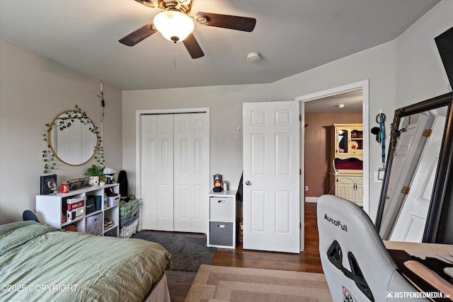 6801 E Tudor Rd, Anchorage, AK 99507 - bedroom with ceiling fan, a closet, and dark wood-type flooring