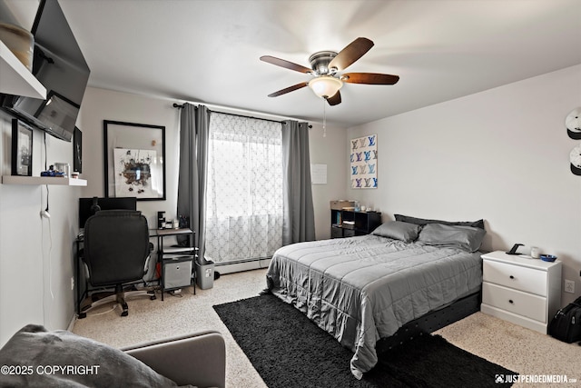 6801 E Tudor Rd, Anchorage, AK 99507 - bedroom featuring baseboard heating, a ceiling fan, and carpet floors