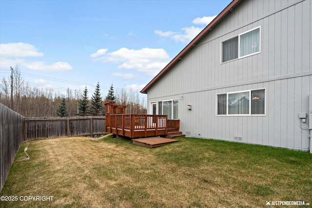 6801 E Tudor Rd, Anchorage, AK 99507 - back of property featuring a lawn, a deck, a fenced backyard, and crawl space