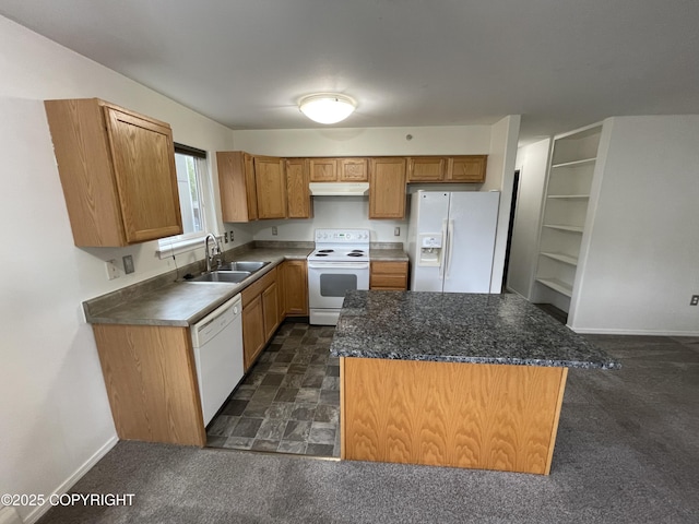 123 E 24th Ave # 4, Anchorage, AK 99503 - kitchen with white appliances, under cabinet range hood, a kitchen island, brown cabinetry, and dark carpet