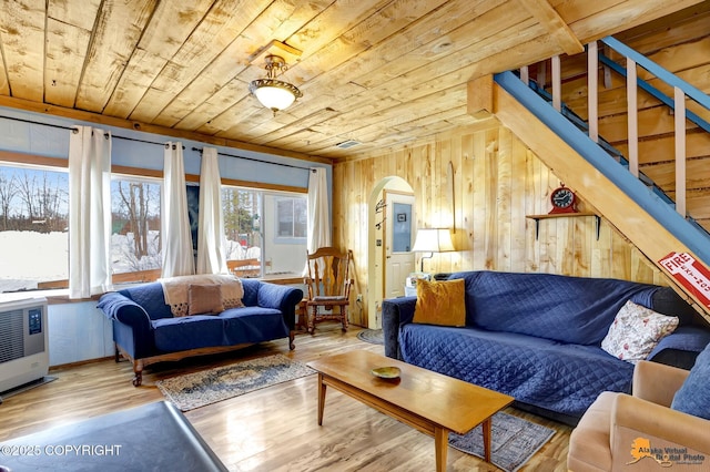 13706 E First St, Talkeetna, AK 99676 - living room with wooden ceiling, wood walls, arched walkways, wood finished floors, and heating unit