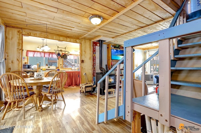 13706 E First St, Talkeetna, AK 99676 - dining room with wood ceiling, wood finished floors, a chandelier, and stairway