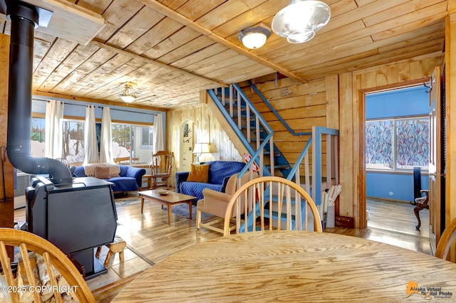 13706 E First St, Talkeetna, AK 99676 - dining room with wooden ceiling, stairs, wood finished floors, and wooden walls