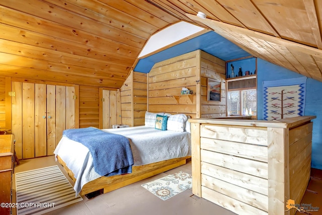 13706 E First St, Talkeetna, AK 99676 - bedroom featuring lofted ceiling, wood ceiling, and wooden walls