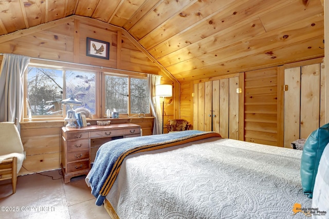 13706 E First St, Talkeetna, AK 99676 - bedroom featuring vaulted ceiling, wood walls, and wooden ceiling