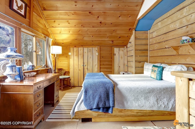 13706 E First St, Talkeetna, AK 99676 - bedroom with lofted ceiling, wood walls, and wood ceiling