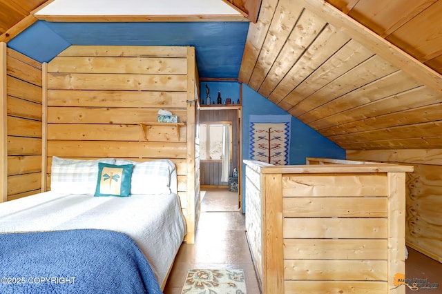 13706 E First St, Talkeetna, AK 99676 - bedroom with vaulted ceiling, wooden ceiling, and wooden walls