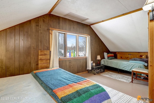 13706 E First St, Talkeetna, AK 99676 - bedroom featuring lofted ceiling, wooden walls, and attic access