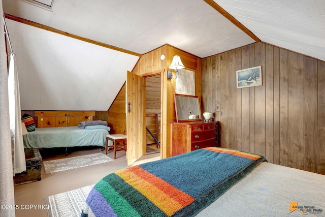 13706 E First St, Talkeetna, AK 99676 - bedroom featuring lofted ceiling and wooden walls