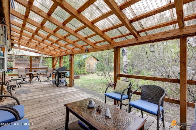 13706 E First St, Talkeetna, AK 99676 - wooden deck with area for grilling and an outbuilding