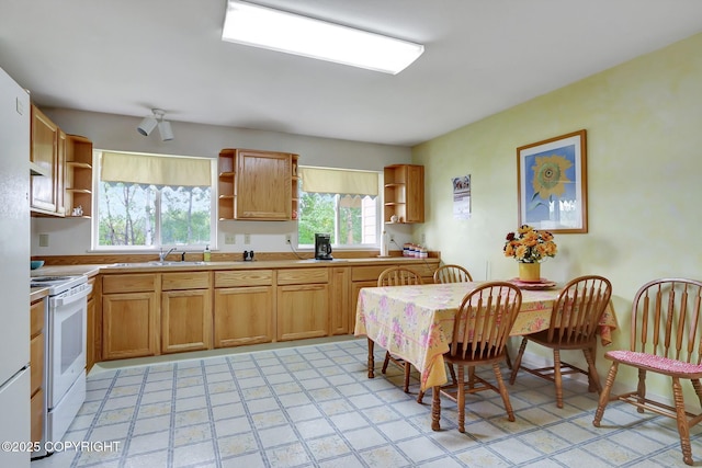 2643 S Rory Cir, Big Lake, AK 99654 - kitchen featuring open shelves, white electric range oven, a sink, and light floors