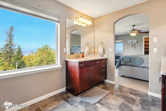 18627 Mountain Plover Cir, Anchorage, AK 99516 - ensuite bathroom featuring vanity, healthy amount of natural light, a ceiling fan, and stone finish flooring