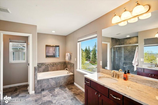 18627 Mountain Plover Cir, Anchorage, AK 99516 - bathroom featuring healthy amount of natural light, vanity, a shower stall, and a bath