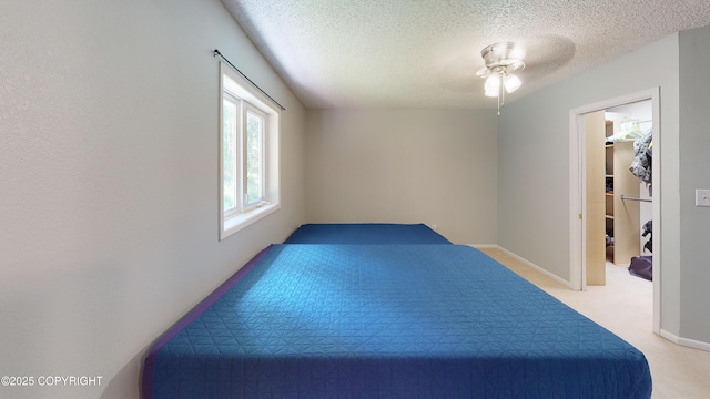 interior space featuring a textured ceiling, a walk in closet, and carpet floors